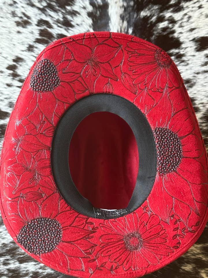 Chapéu de cowboy ocidental floral floral em camurça vegana queimada à mão por atacado de Western Skies Boutique