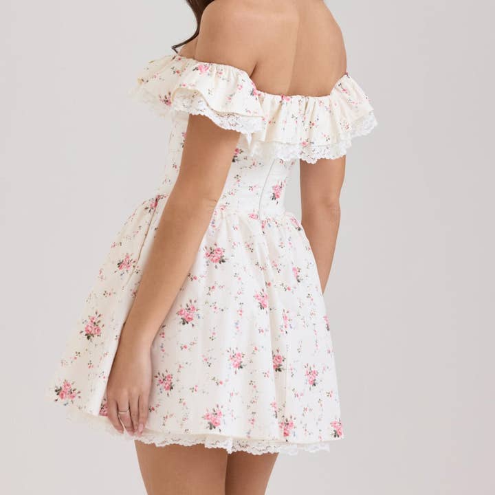 French sweet one shoulder bow floral lace waist dress for wholesale on Faire1