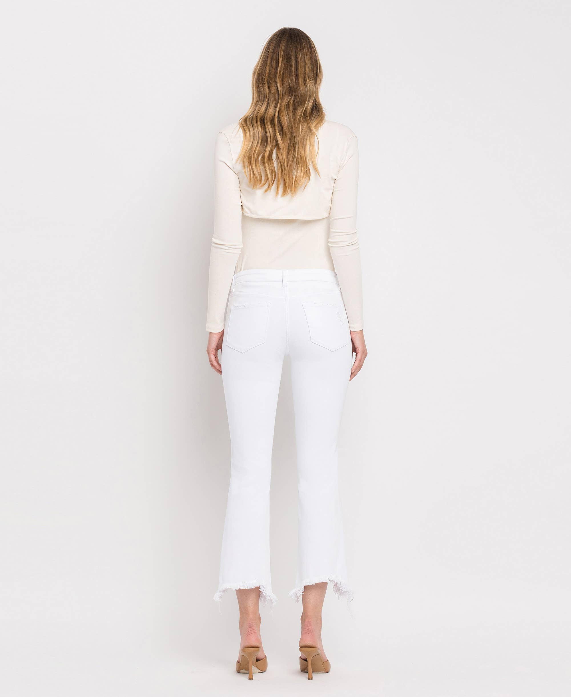 OPTIC WHITE MID RISE DISTRESSED HEM ANKLE BOOTCUT JEANS T6047WH for wholesale on Faire9