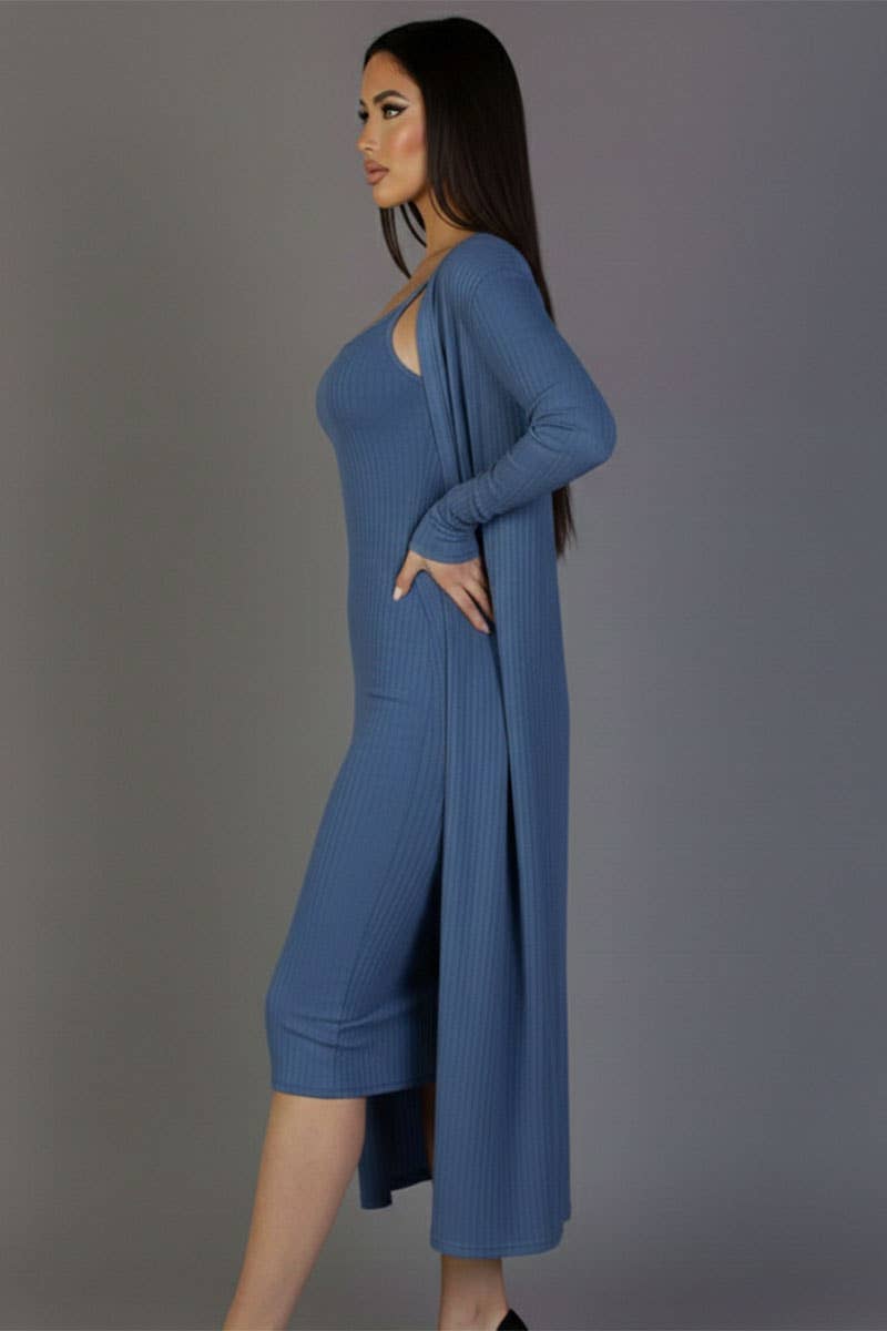 CAPELLA APPAREL - Wholesale Dress - Women's - Ribbed Cardigan & Cami Midi Bodycon Dress4
