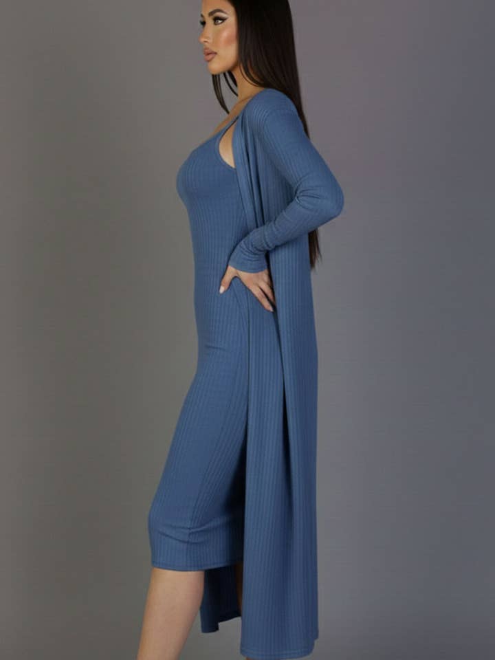 CAPELLA APPAREL - Wholesale Dress - Women's - Ribbed Cardigan & Cami Midi Bodycon Dress4
