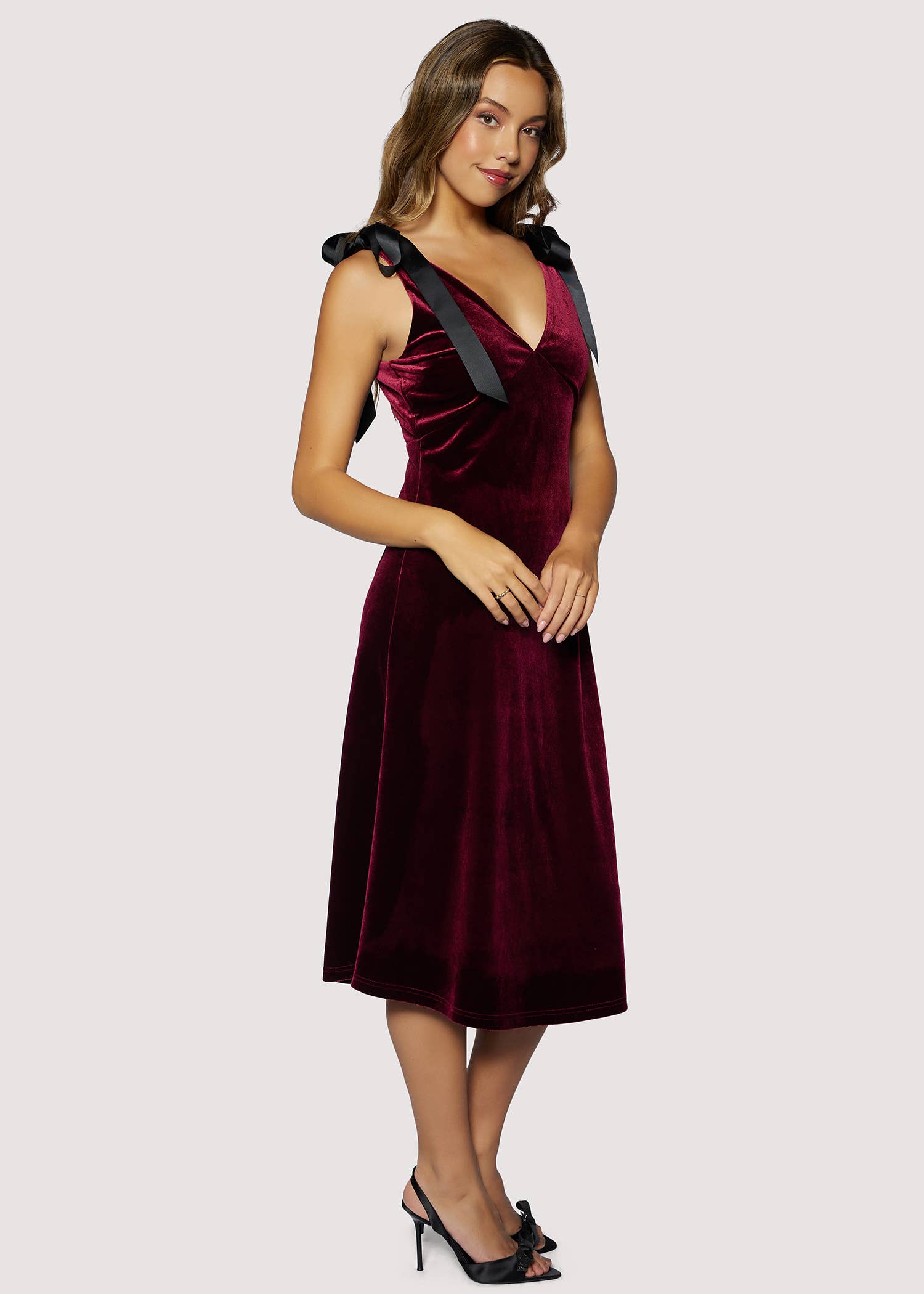 Plum Adorned Virtue Midi Dress - Velvet Holiday Romantic for wholesale on Faire1