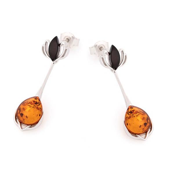 Earrings with natural cognac amber, sterling silver for wholesale by OPALOOK France