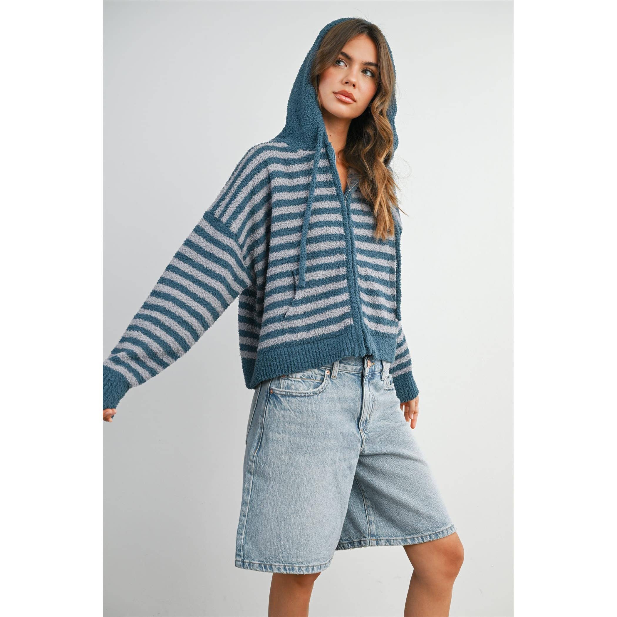 BUTTERMELON - Wholesale Knit Sweater - Women's - Striped Zip-Up Hooded Cardigan - BMC809733
