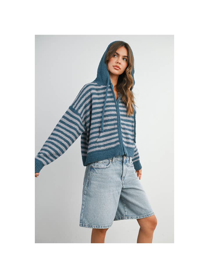 BUTTERMELON - Wholesale Knit Sweater - Women's - Striped Zip-Up Hooded Cardigan - BMC809733