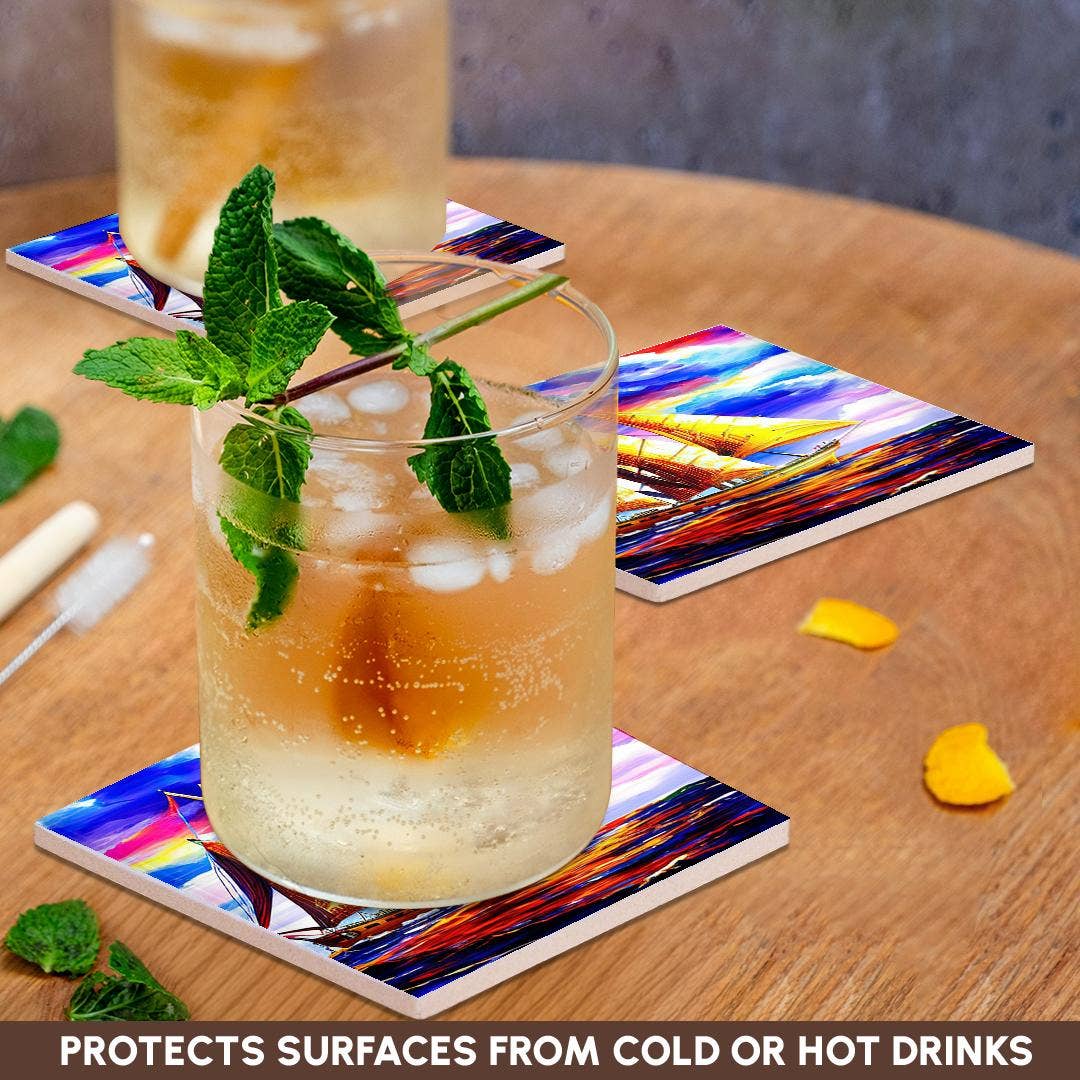 3dRose - Wholesale Coasters - 3dRose, Tall ship digital art. Three-mast scooner in the golden sunset light, Coaster2