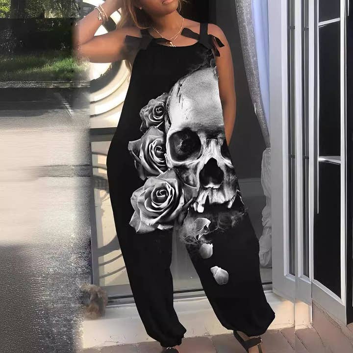 Preto Macacão de perna larga com caveira estilo gótico com estampa vintage para venda a revendedores na Faire