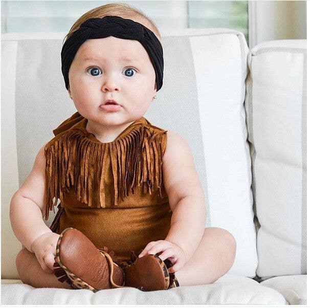 Fennco Styles - Wholesale Bodysuit (Non-Footed) - Baby - Brown Halter Fringe Suede Baby Sunsuit Romper2