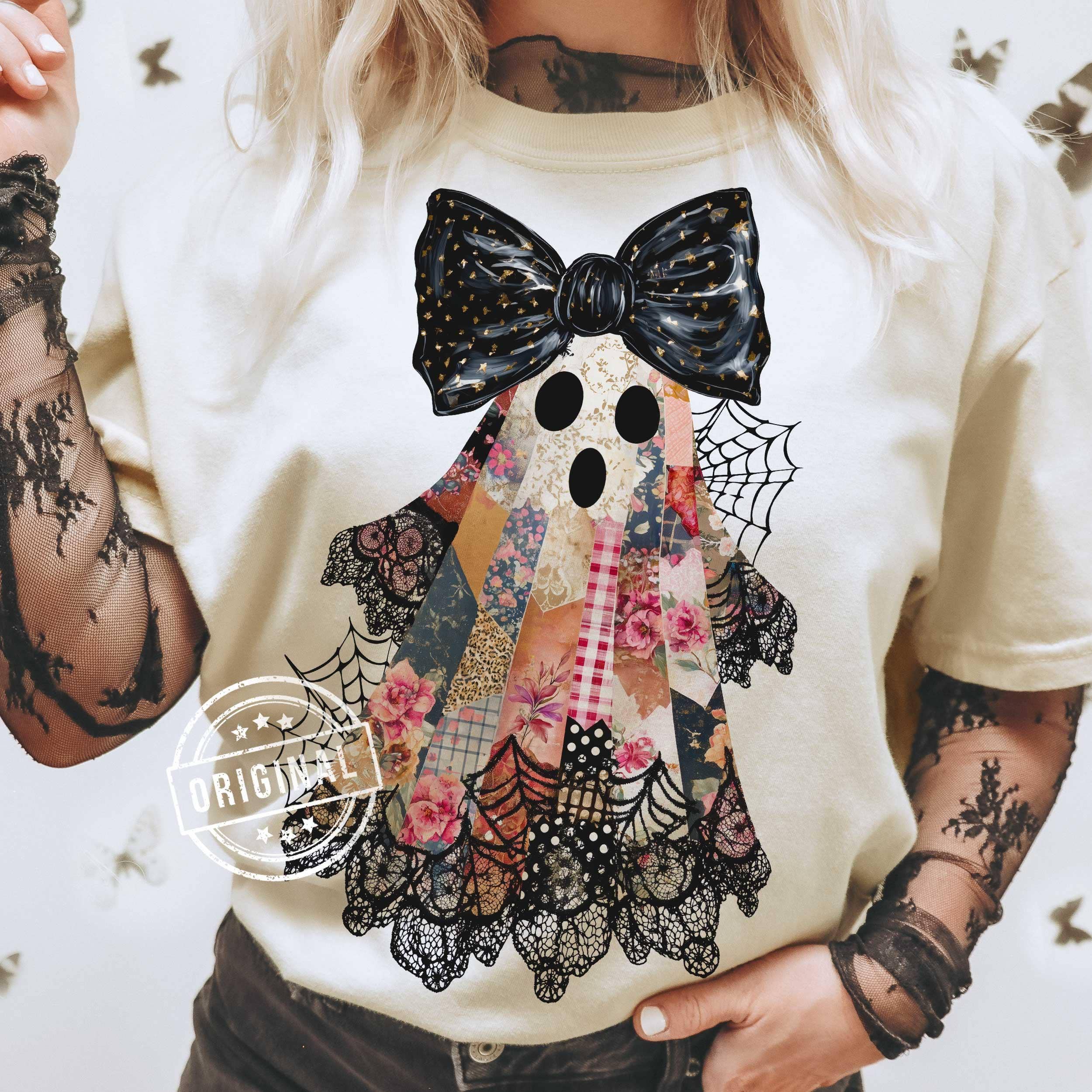 NVC Ecommerce LLC - Wholesale T-Shirt (Graphic) - Women's - Patchwork Ghost Tee, Lace Ghost Shirt, Halloween Sweatshirt3