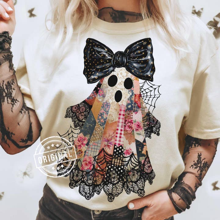 NVC Ecommerce LLC - Wholesale T-Shirt (Graphic) - Women's - Patchwork Ghost Tee, Lace Ghost Shirt, Halloween Sweatshirt3