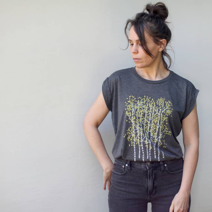Blackbird Supply Co. - Wholesale Screen Printed T-Shirt - Women's - Aspen Trees Fall Leaves Rolled Cuff Muscle Tee Heather Gray5