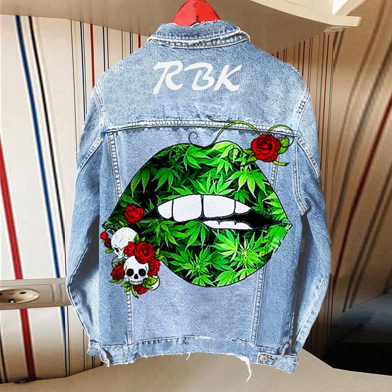 Tourtiwi - Wholesale Denim Jacket - Women's - Women's skull rose green lips denim jacket5