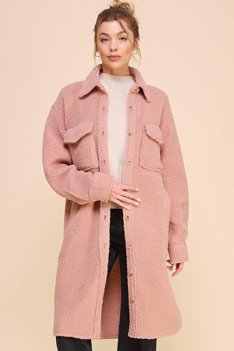 Dusty Rose Long Sherpa Shacket with Pockets for wholesale on Faire20