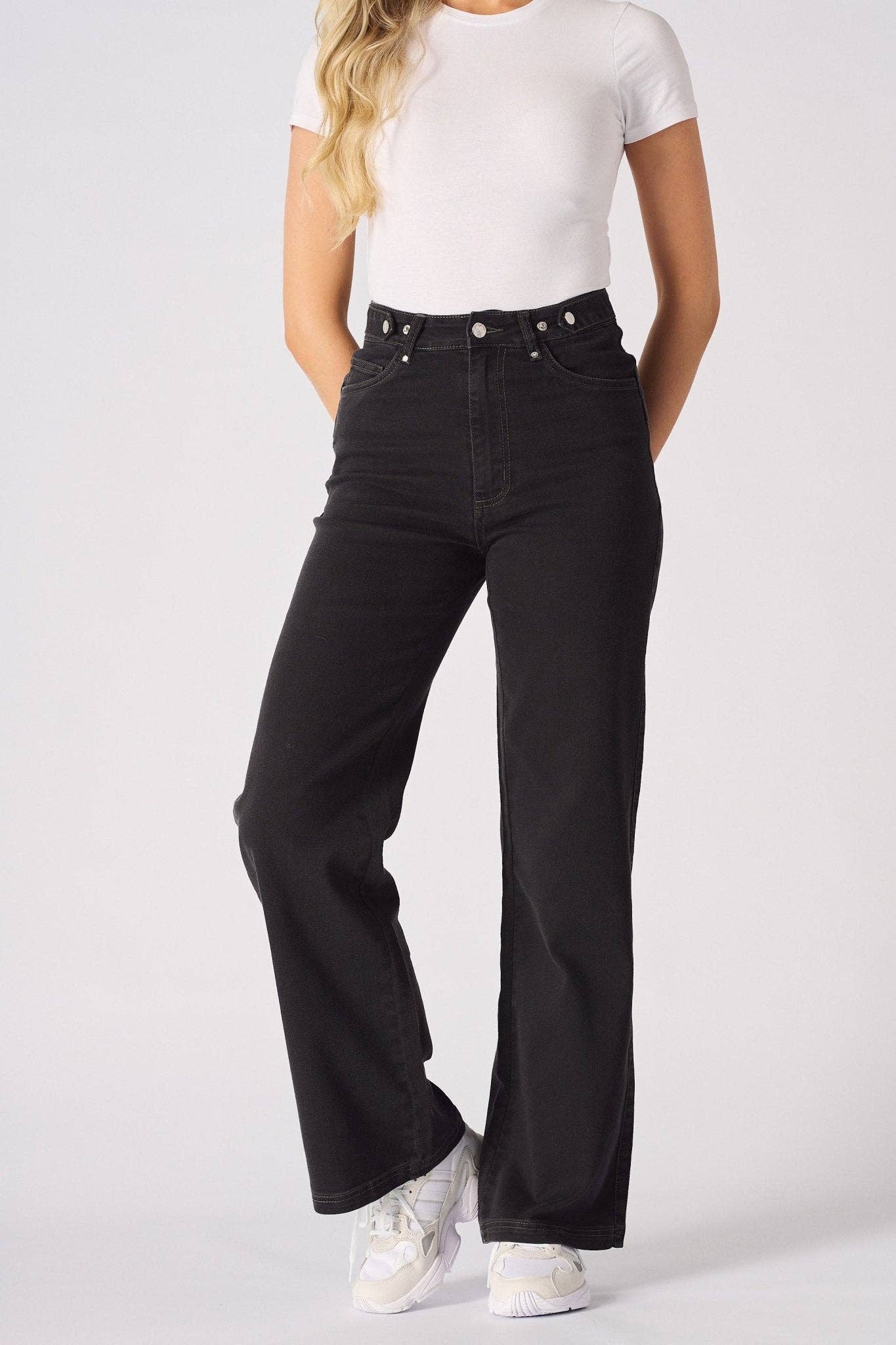 JMOJO UK Limited - Vendita all'ingrosso Jeans - Donna - Jeans a gamba larga scolpiti a vita alta ELYSI - Lavaggio nero8