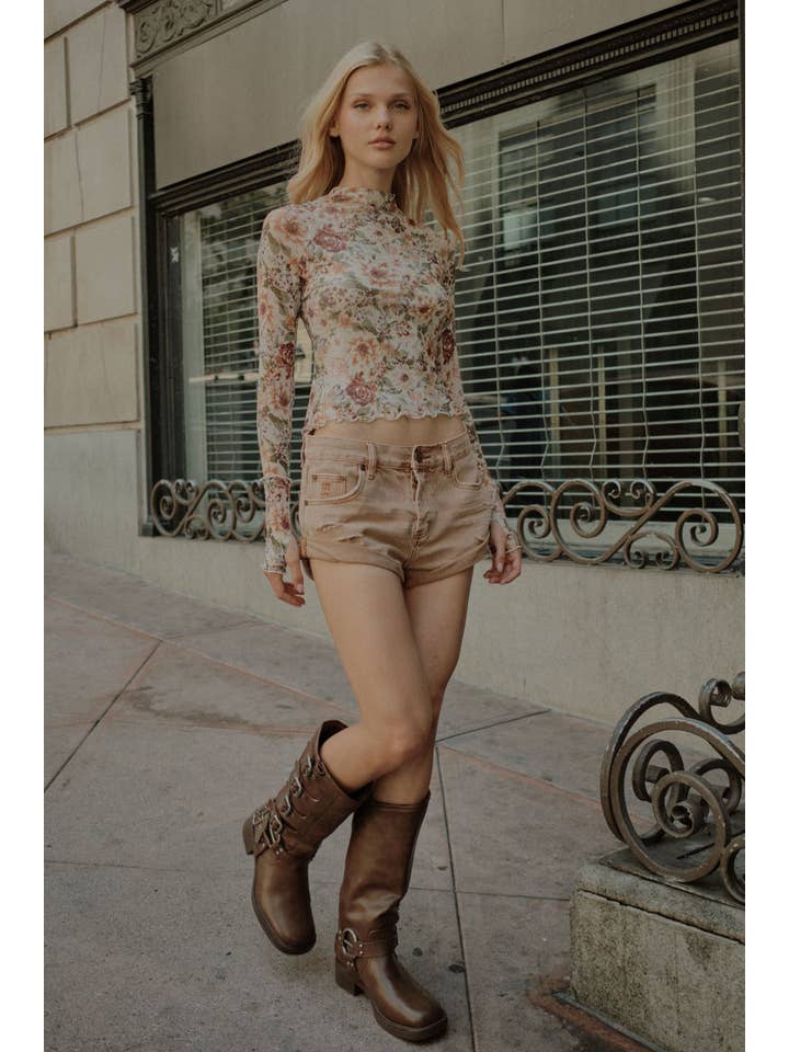 Cream Floral Mesh Lettuce-Edge Thumbhole High-Neck Top for wholesale on Faire