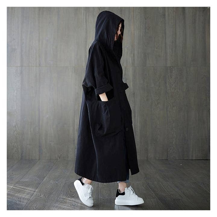 OceanusSwim – wholesale Windbreaker – Women’s – Solid Color Long Sleeves Hooded Single Breasted Pockets Casual Loose Long Windbreaker Outerwear8