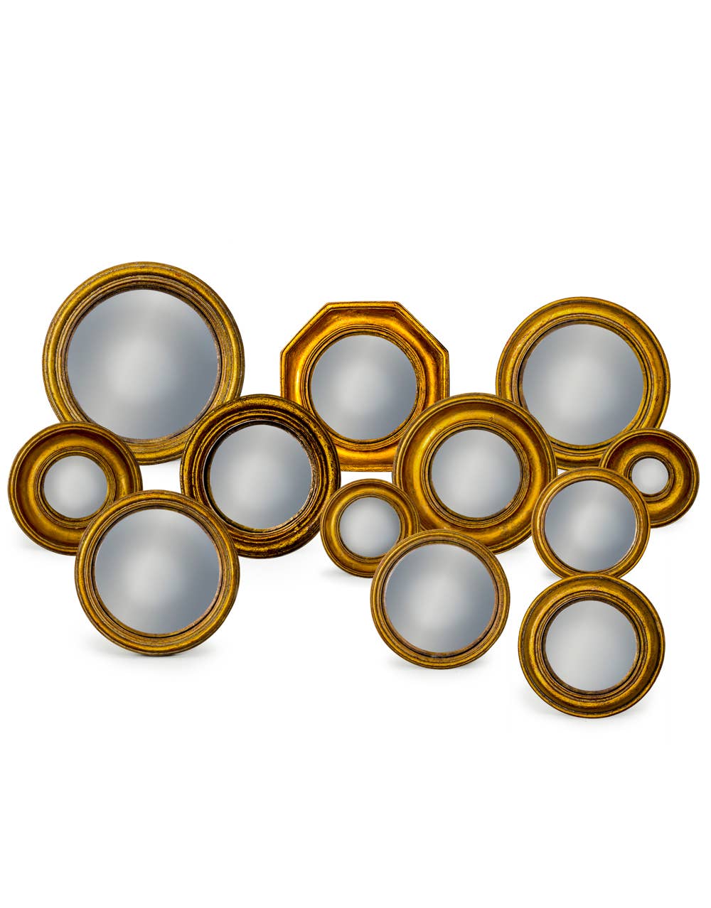 McGowan & Rutherford Ltd - Wholesale Wall Mirror - Set of 12 Assorted Antique Gold Framed Convex Mirrors0