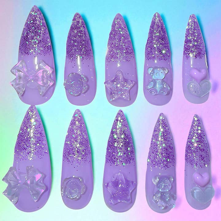 Hand Painted Press on Nails Lilac Sparkle for wholesale by OVER THE TOP NAILS
