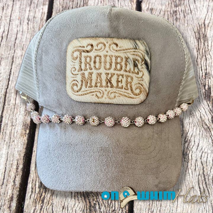 Troublemaker Handmade Vegan Suede Trucker Hat w/ Cowhide Patch for wholesale by On a Whim Hats