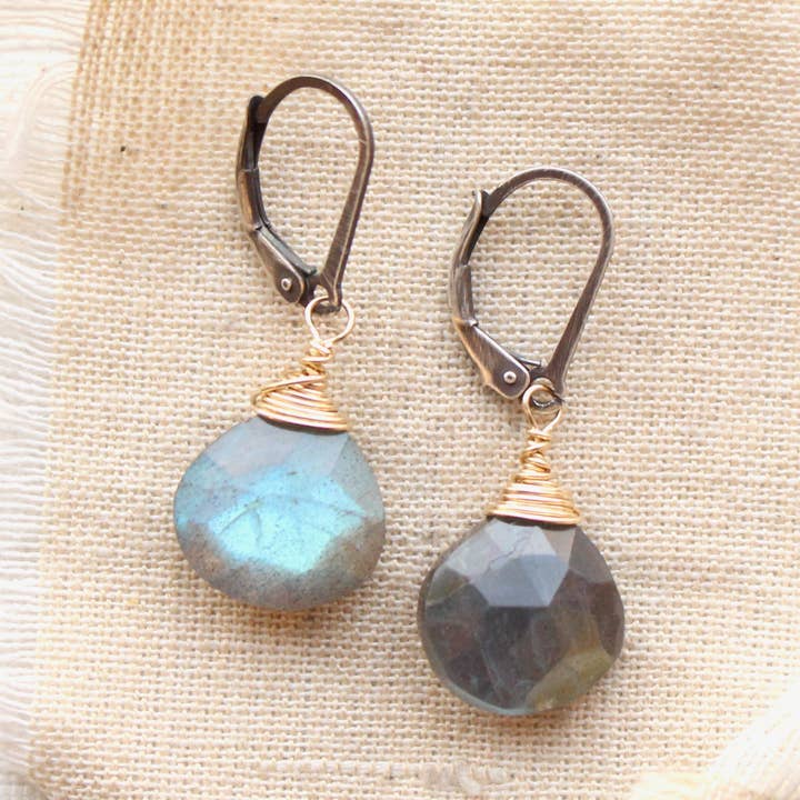 Mixed Metal Labradorite Drop Earrings, Gemstone Earrings for wholesale by Sarah DeAngelo