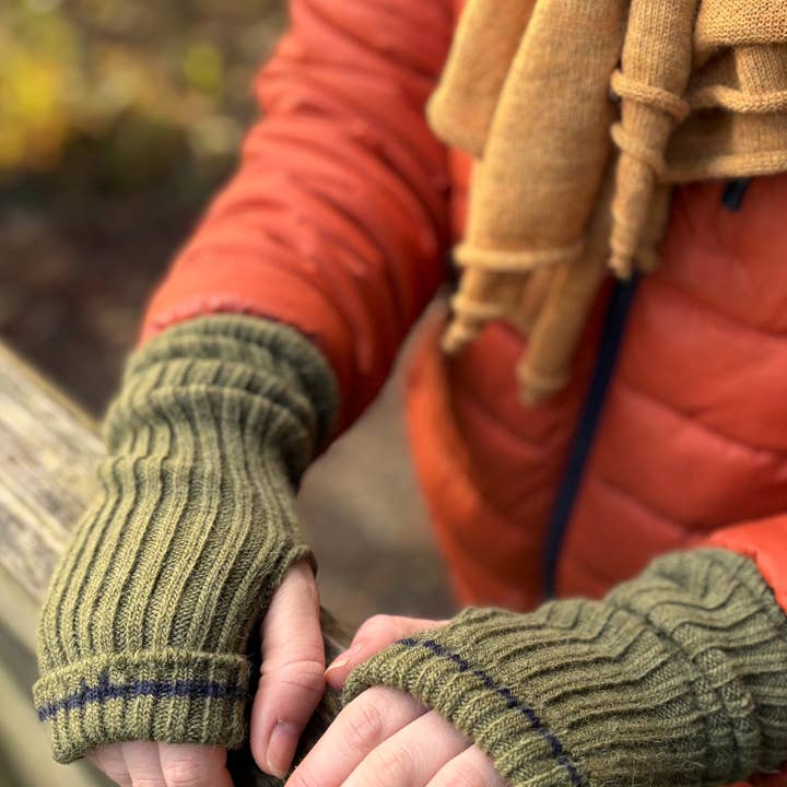 Alpaca Stretchy Fingerless Mittens - now in Olive Green for wholesale by Samantha Holmes Alpaca Clothing and Gifts