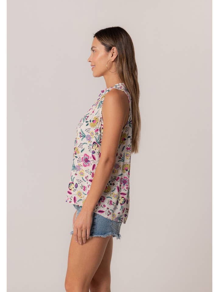 Natural Yellow Vibrant Floral Ruffle Neck Sleeveless Top for wholesale on Faire