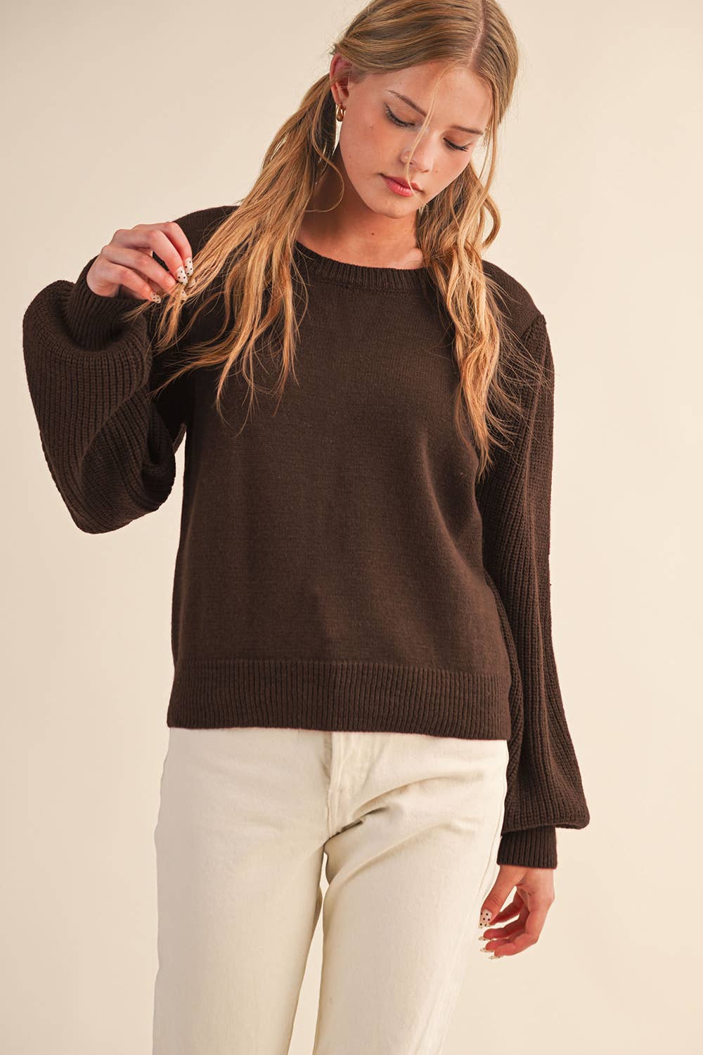 &MERCI - Wholesale Knit Sweater - Women's - RIBBED PUFF SLEEVE SWEATER MSW109510