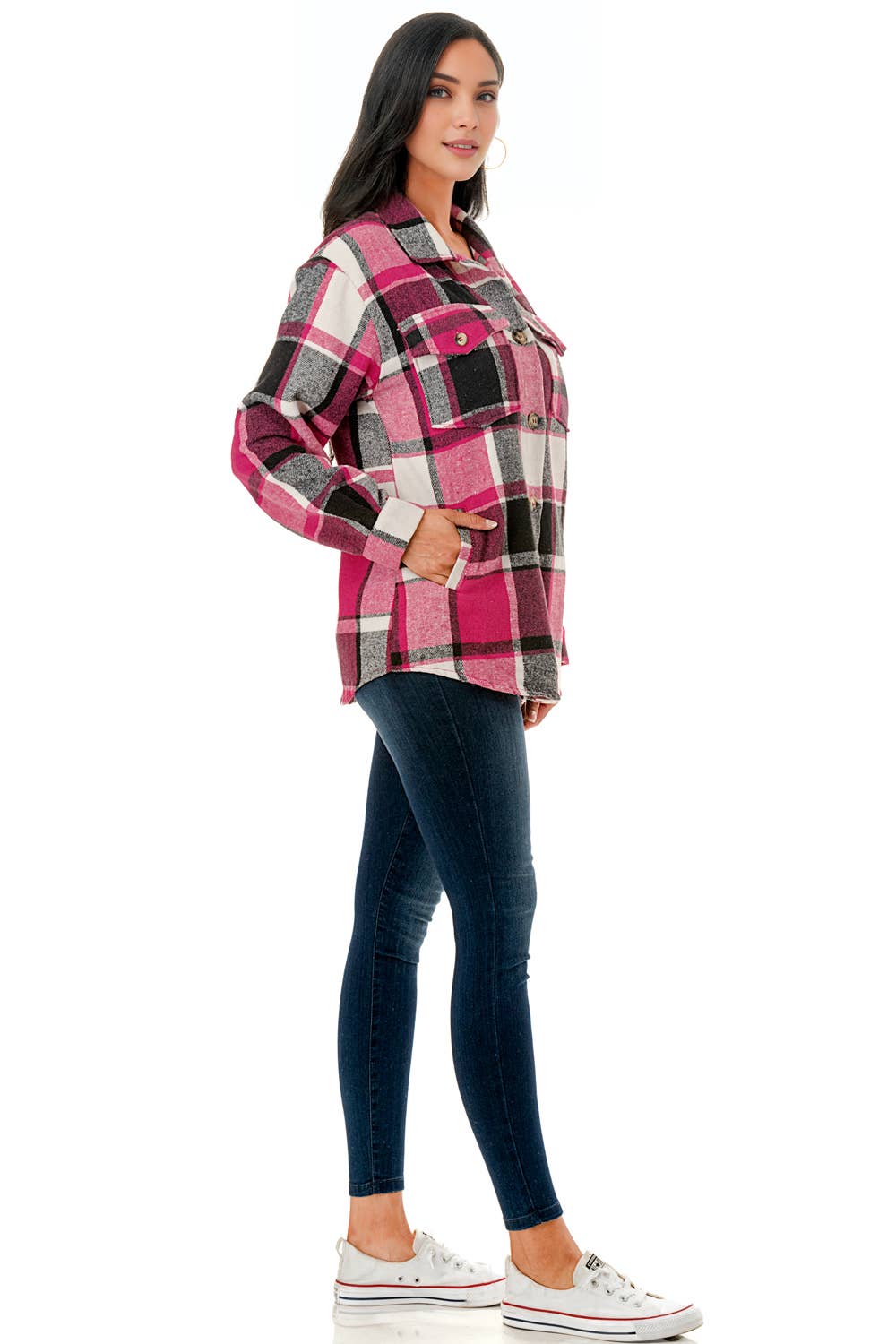 Color 5 - Vendita all'ingrosso Giacca a camicia - Donna - Camicia oversize in flanella scozzese rosa con tasche12