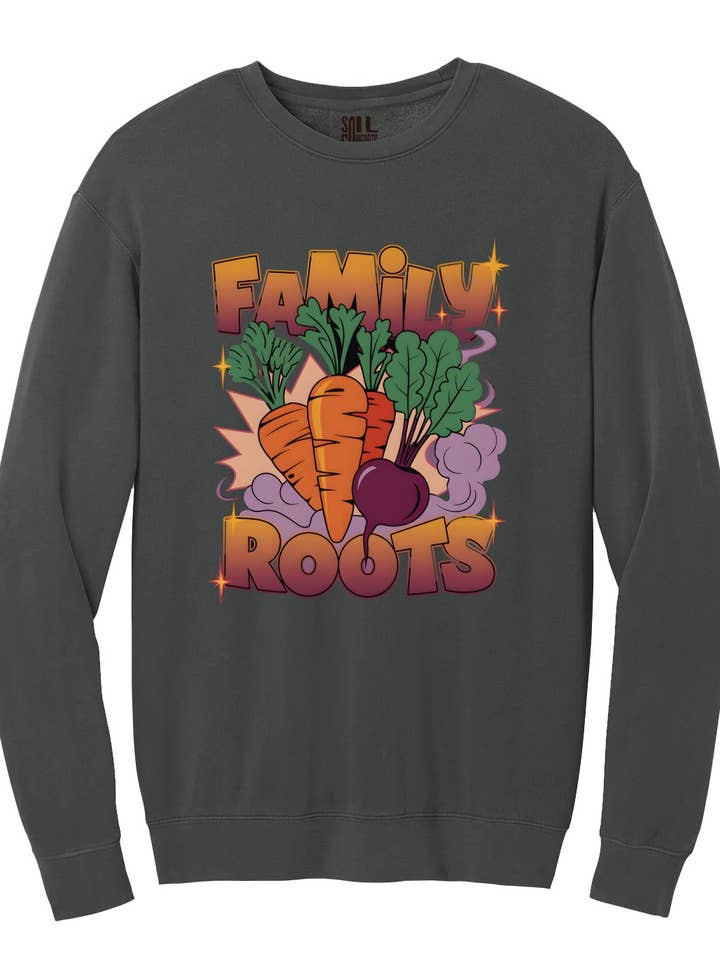 Sudadera de diseño con zanahorias y remolachas gráficas de raíces familiares para venta al por mayor de Soil Comforts