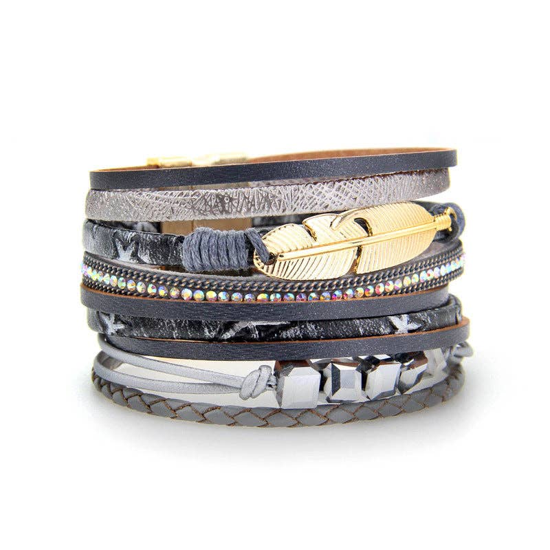 Mio Queena - Wholesale Jewelry Set - BOHO Beaded Leather Bracelet Feather Pendant - BJ/LB1