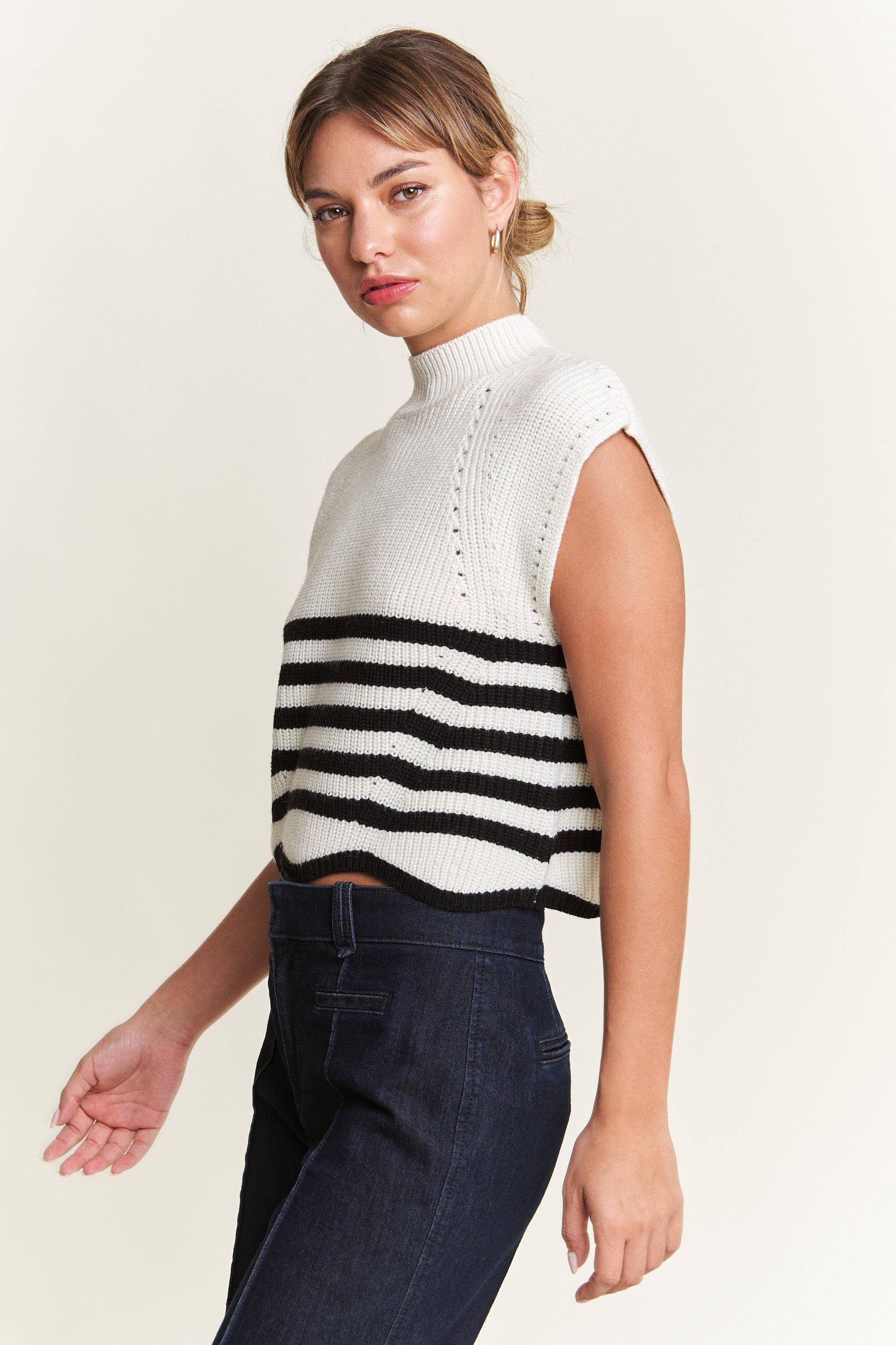 In The Beginning - Vente Pull en maille – femme - Pull sans manches à col roulé bleu marine/ivoire11