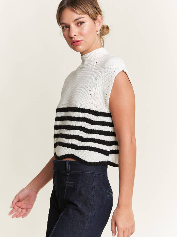 In The Beginning - Vente Pull en maille – femme - Pull sans manches à col roulé bleu marine/ivoire11