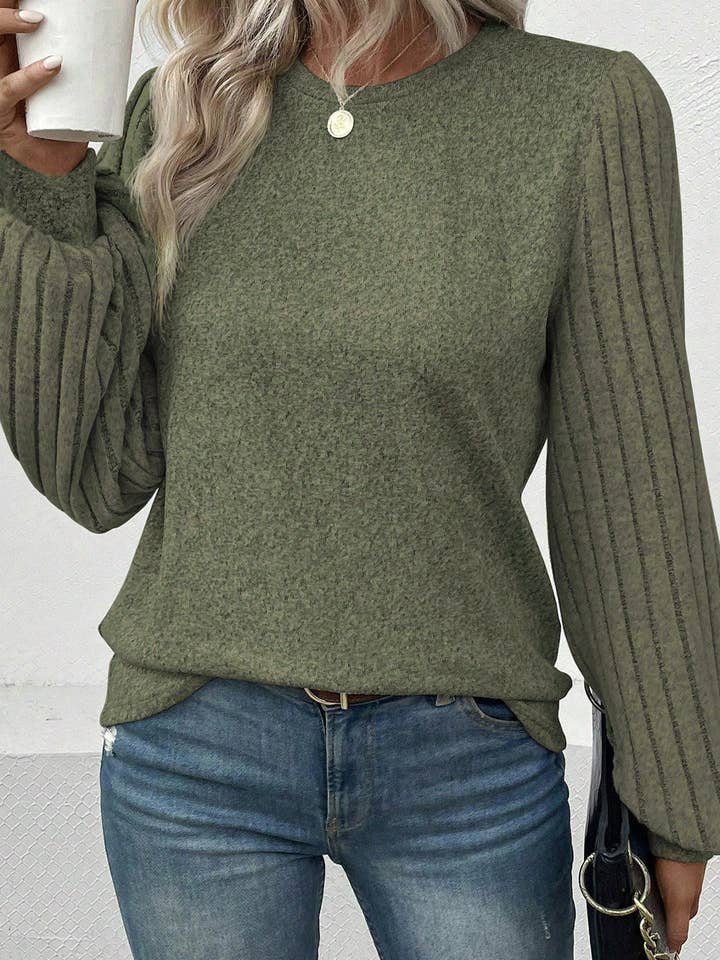 Jungle Green Contrast Ribbed Bishop Sleeve Top for wholesale on Faire