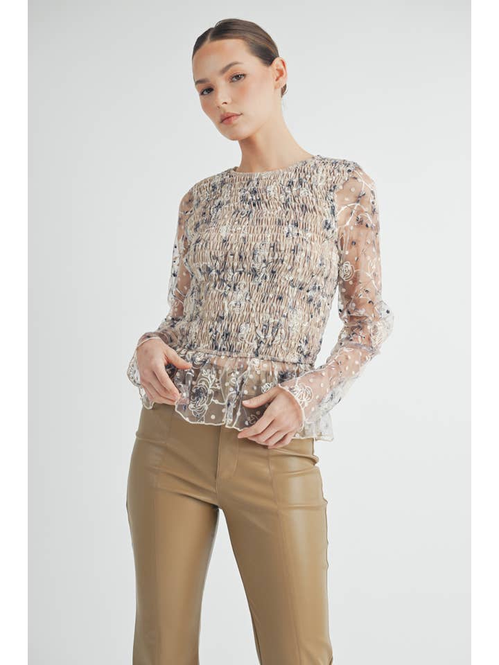 cream Sheer Smocked Embroidered Mesh Peplum Top for wholesale on Faire13