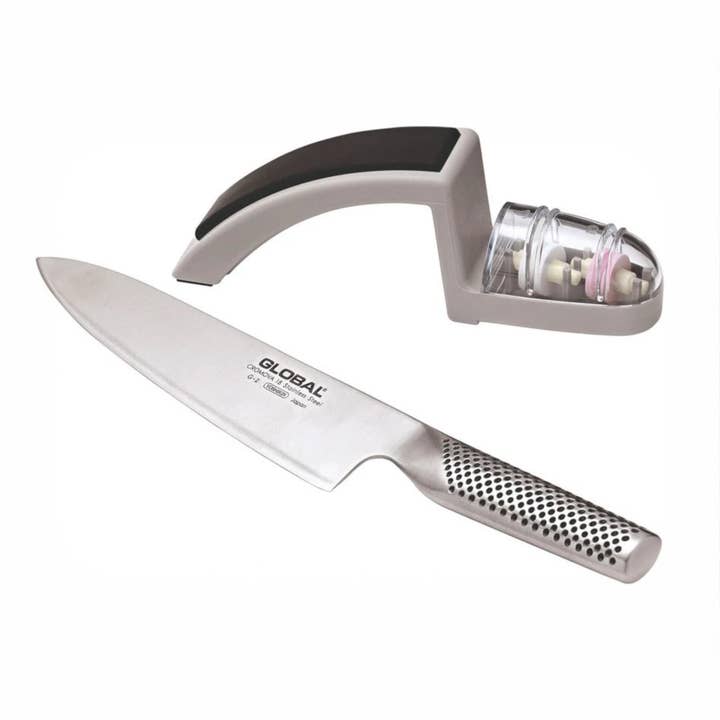 Ensemble de départ Couteau de chef GLOBAL 8” G2 & Aiguiseur Minosharp pour la vente par IKIDO