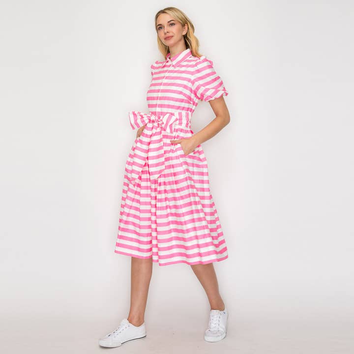 Pretty in Pink Stripe Shirt Midi Dress - LWD3042 for wholesale by LoveWednesday
