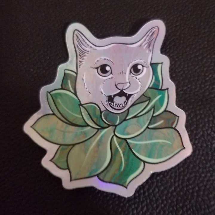 *Sticker: Succulent Cat, 3" holographic vinyl for wholesale by Cat Champion