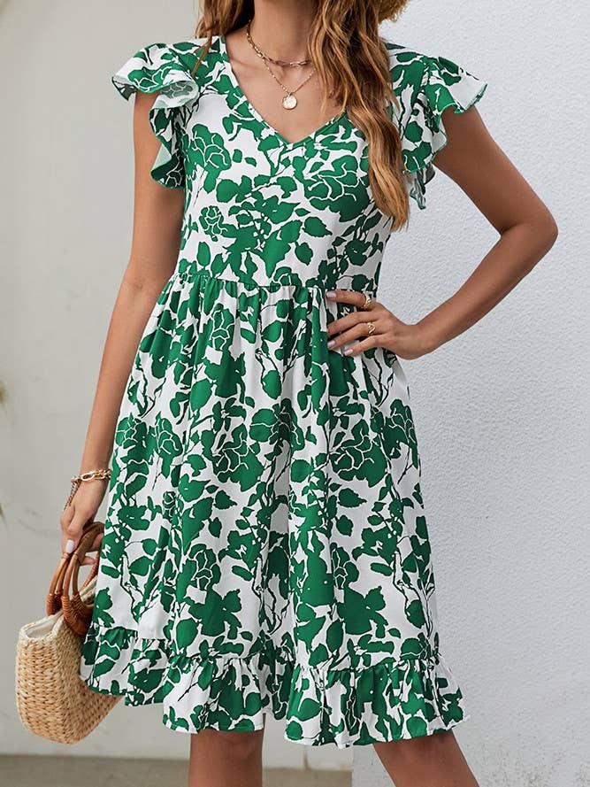 Robe florale à col en V et manches volantées printemps-été BBYS043 pour la vente par UNISHE