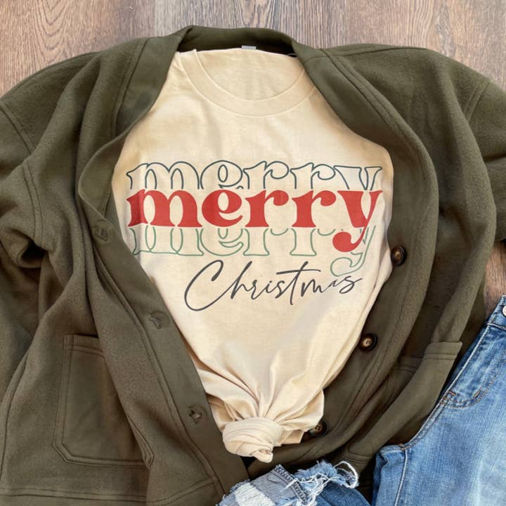 Kiki's Boutique - Vendita all'ingrosso Maglietta serigrafata - Donna - T-shirt Merry, Merry, Merry Christmas0