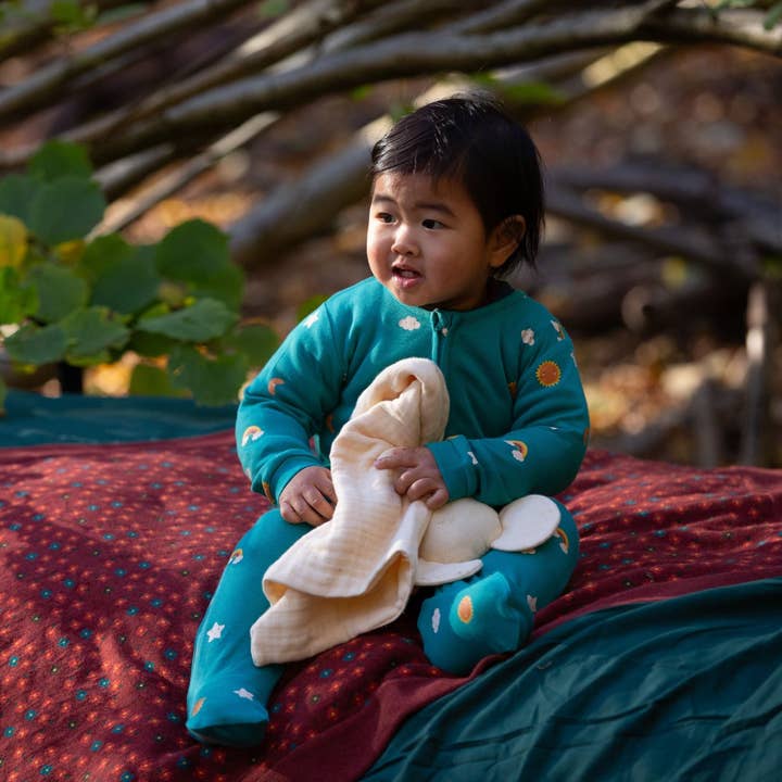 Turquoise Skies Zip Organic Babygrow for wholesale on Faire4