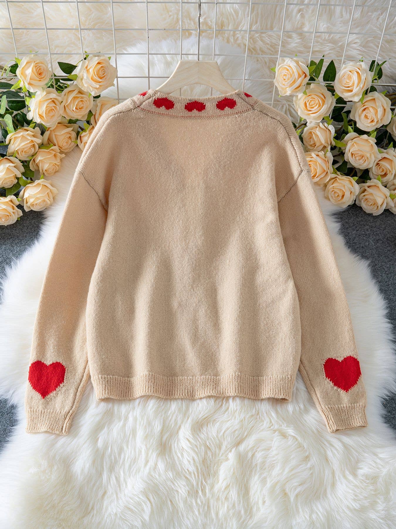 sand Honey Love Red heart pattern tie front knit cardigan sweater for wholesale on Faire1