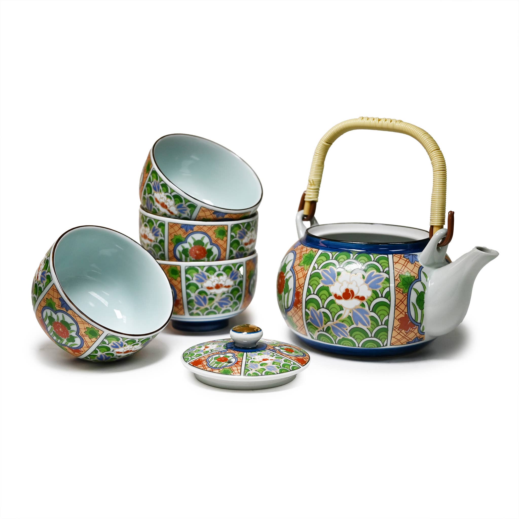 Fuji Merchandise Corporation - Vente Service à thé - SERVICE À THÉ ARITA – MOTIF ARABESQUE FLORAL VERT ET ORANGE1