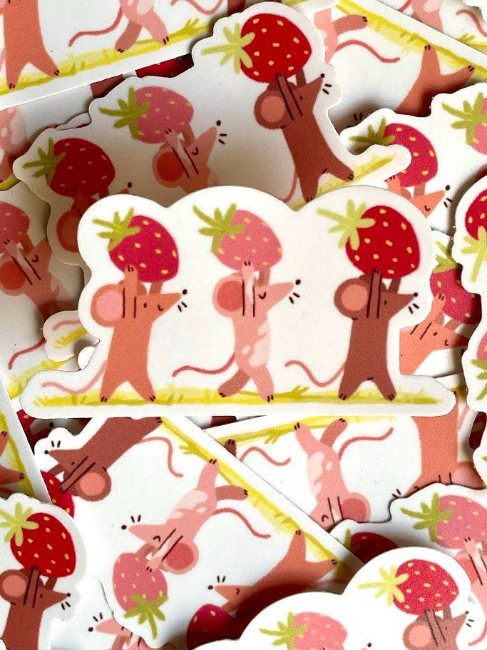 Paper Rat Illustrations - Wholesale Sticker - Strawberry Foragers Mice Matte Weatherproof Sticker2