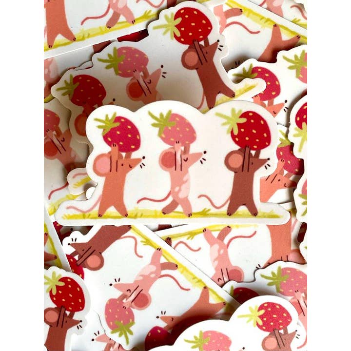 Paper Rat Illustrations - Wholesale Sticker - Strawberry Foragers Mice Matte Weatherproof Sticker2