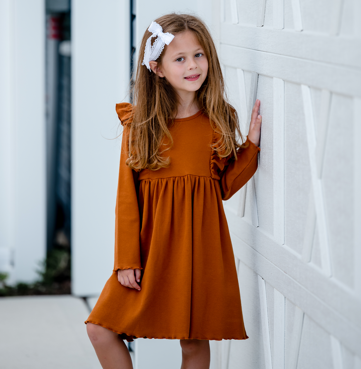 Kids Caramel Cafe Ribbed Ruffle-Shoulder A-Line Dress for wholesale on Faire0