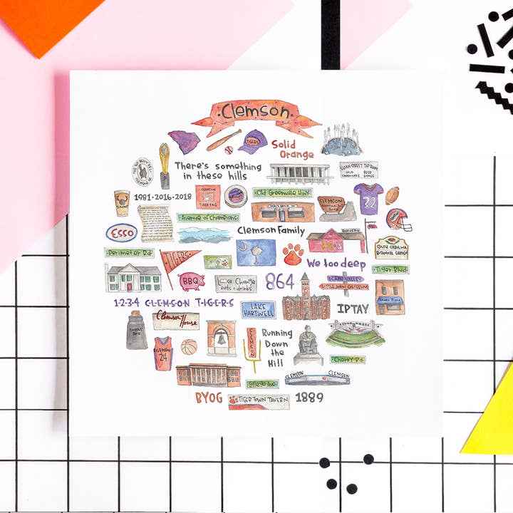 Clemson, SC Icon Watercolor Print for wholesale by Green Blanky Studio