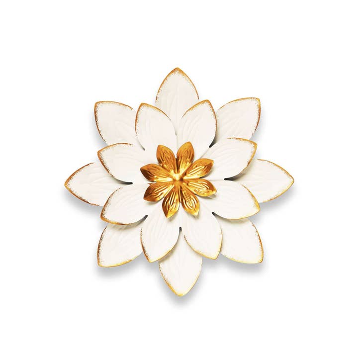 G128 9 PO Blanc et Or Fleur Décoration Murale en Métal | Élégante Décoration Murale Florale pour Salon Intérieur Chambre Bureau Jardin Extérieur Patio Cour pour la vente par G128