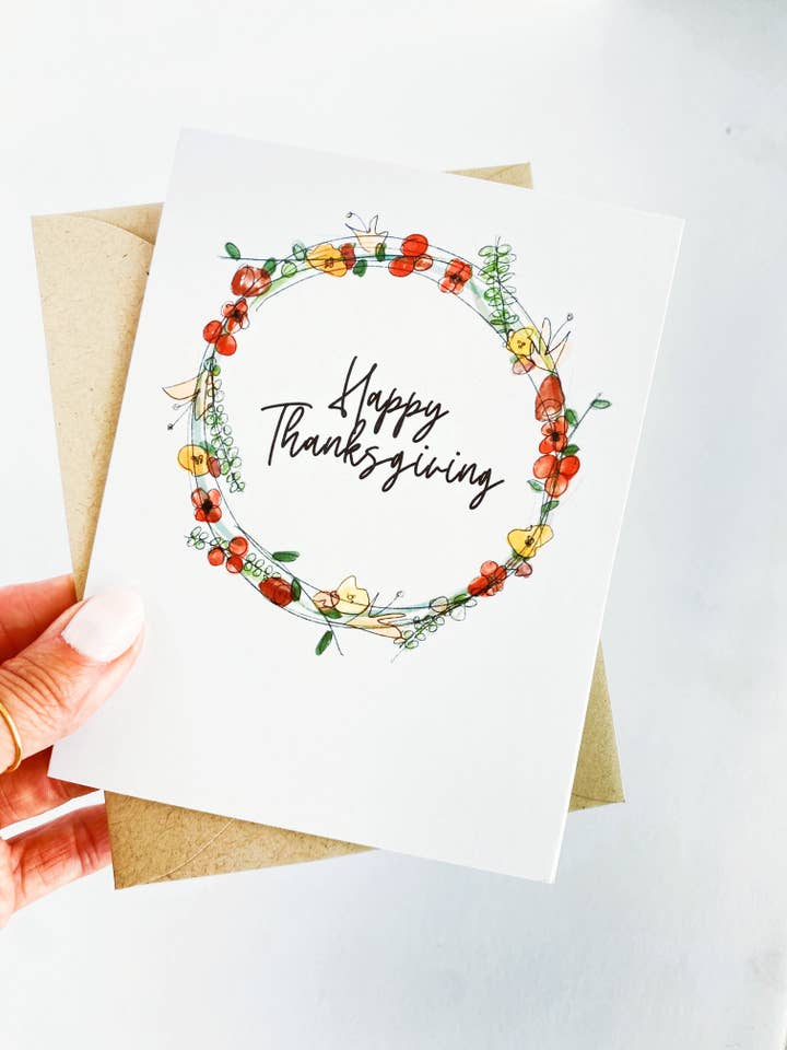 Happy Thanksgiving Watercolor Wreath Fall Greeting Card for wholesale by Five Dot Post