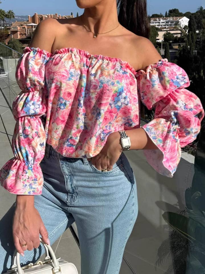 Flirty Puff Sleeve Floral Off-The-Shoulder Blouse for wholesale by Rosa Clothing