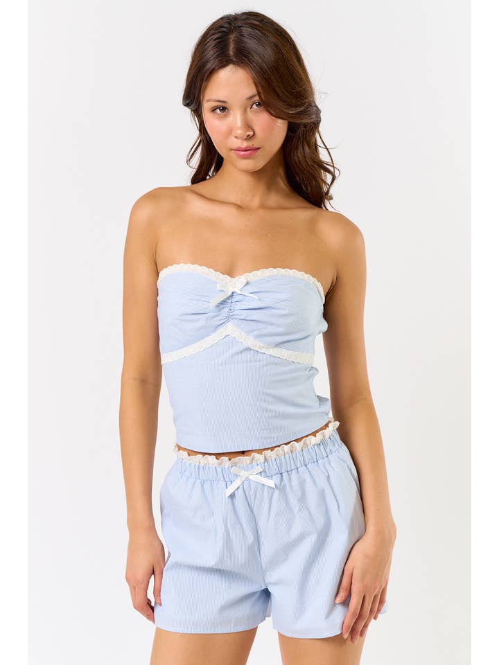 IBS32456 PIN STRIPE TUBE TOP W/ LACE TRIM WITH SHORTS for wholesale on Faire